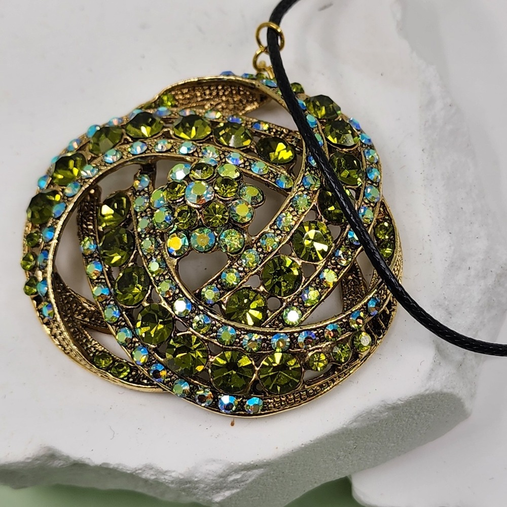 Olive Green Rhinestone Pendant Necklace Gold Tone AB Crystal Statement Glam